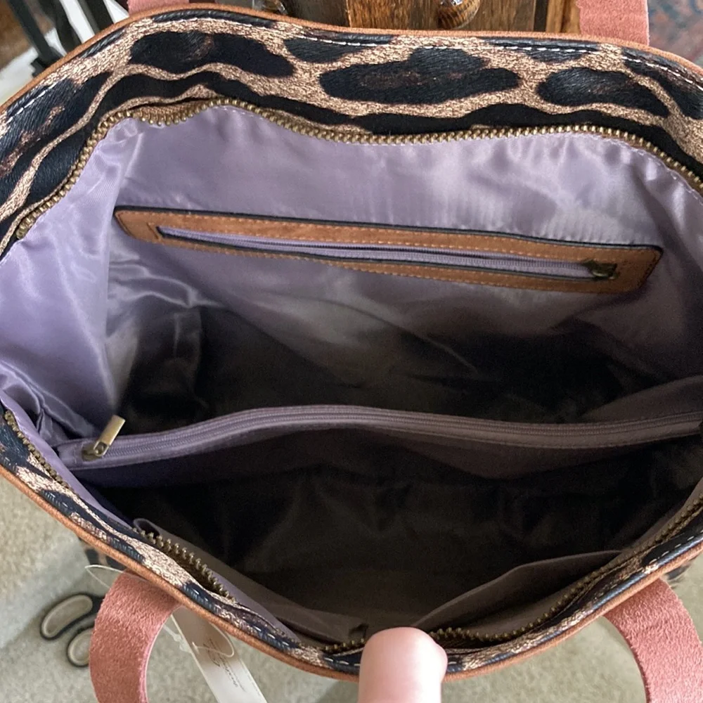 Brown Leather with Leopard Print Tote - Picture 5 of 13